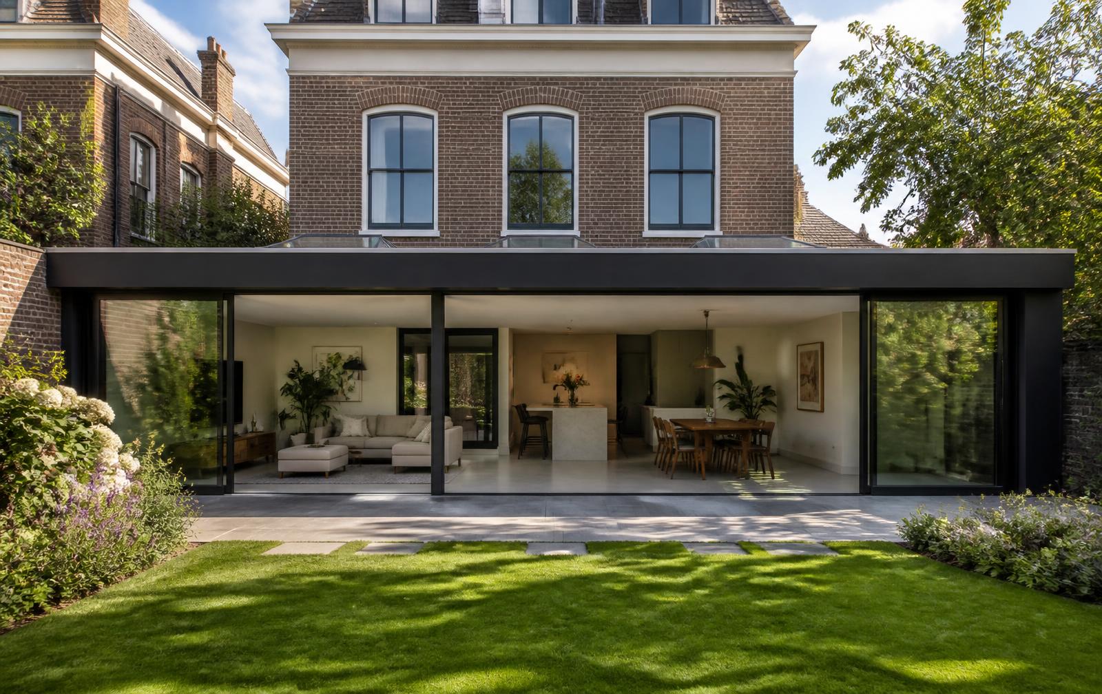 Brede achteruitbouw met zwarte schuifpui, plat dak en daklichten, van buiten uit de tuin gezien