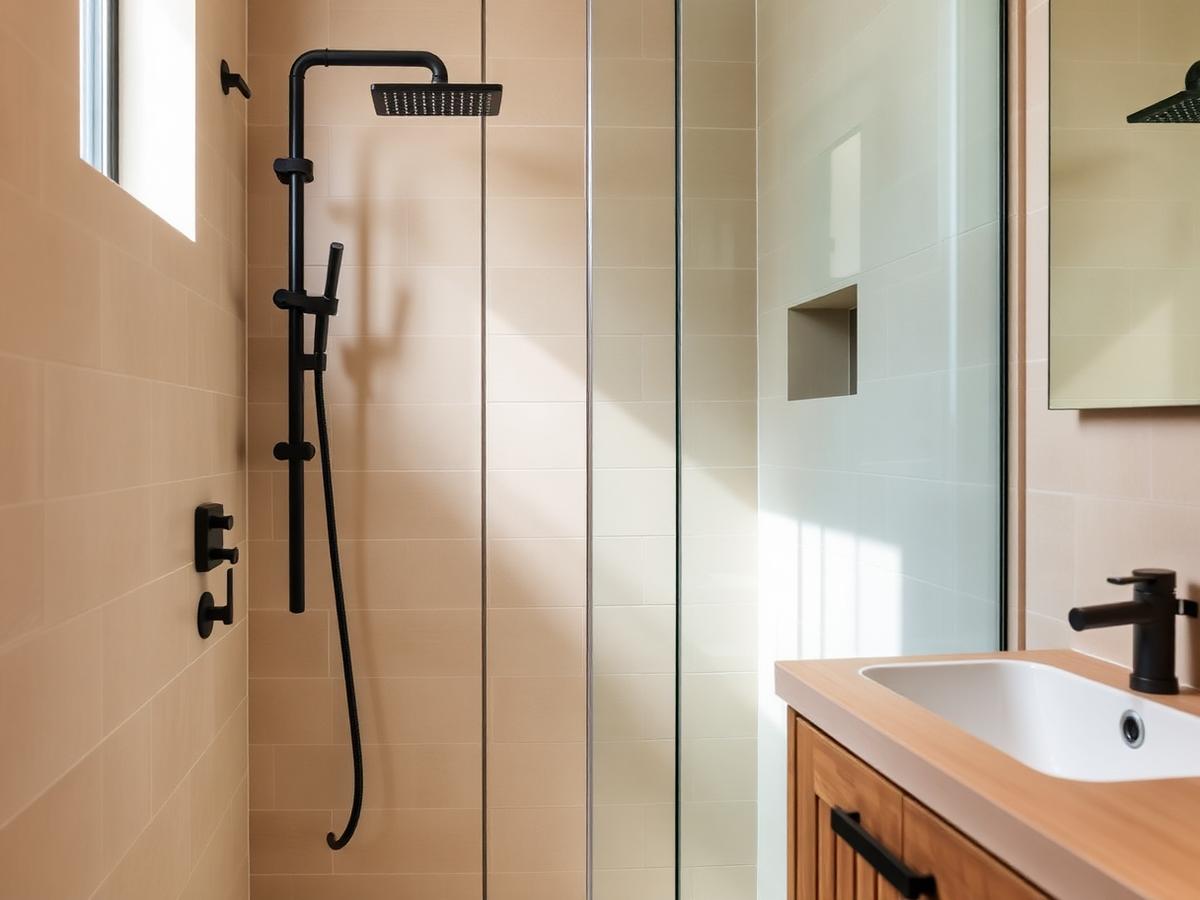 Detail van een warme badkamer met inloopdouche en houten wastafelmeubel