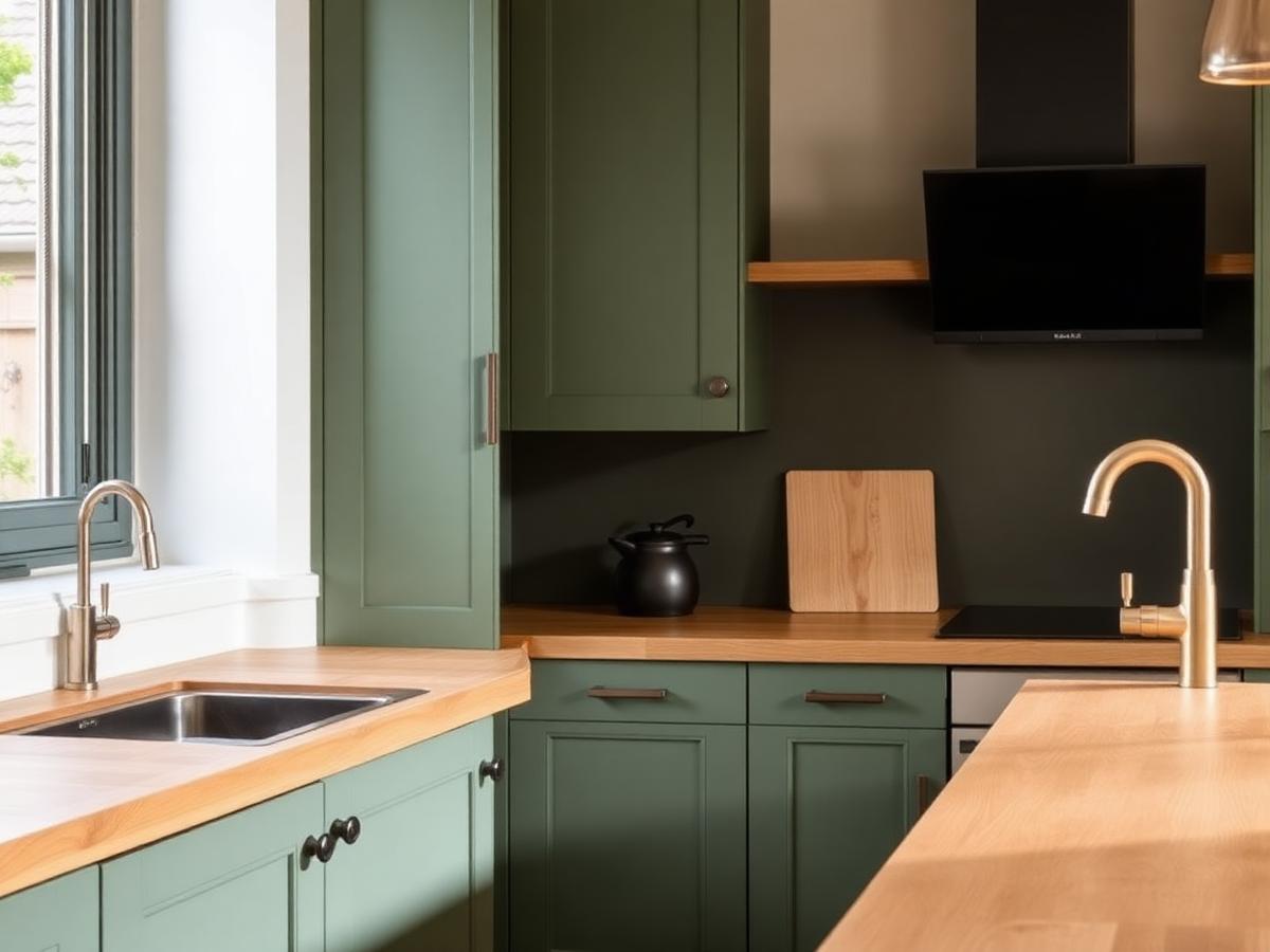 Detail van een moderne keuken met groene fronten en houten werkblad