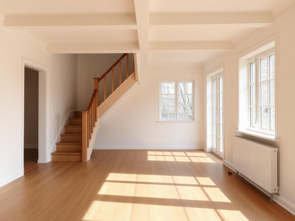 Lichte woonkamer na renovatie met nieuwe vloer en trap