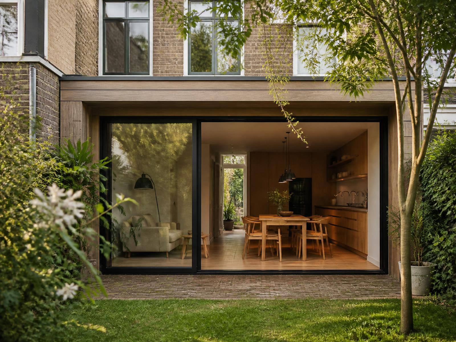 Moderne achteraanbouw met open glazen deuren en uitzicht op de tuin