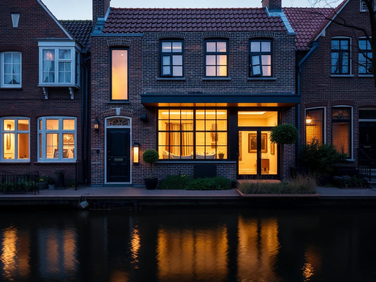 Bakstenen woning met vernieuwde kozijnen in de avondschemering