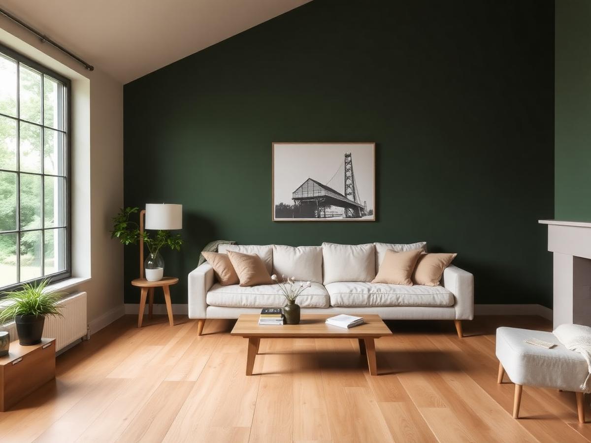 Gerenoveerde woonkamer met houten vloer en groene accentwand