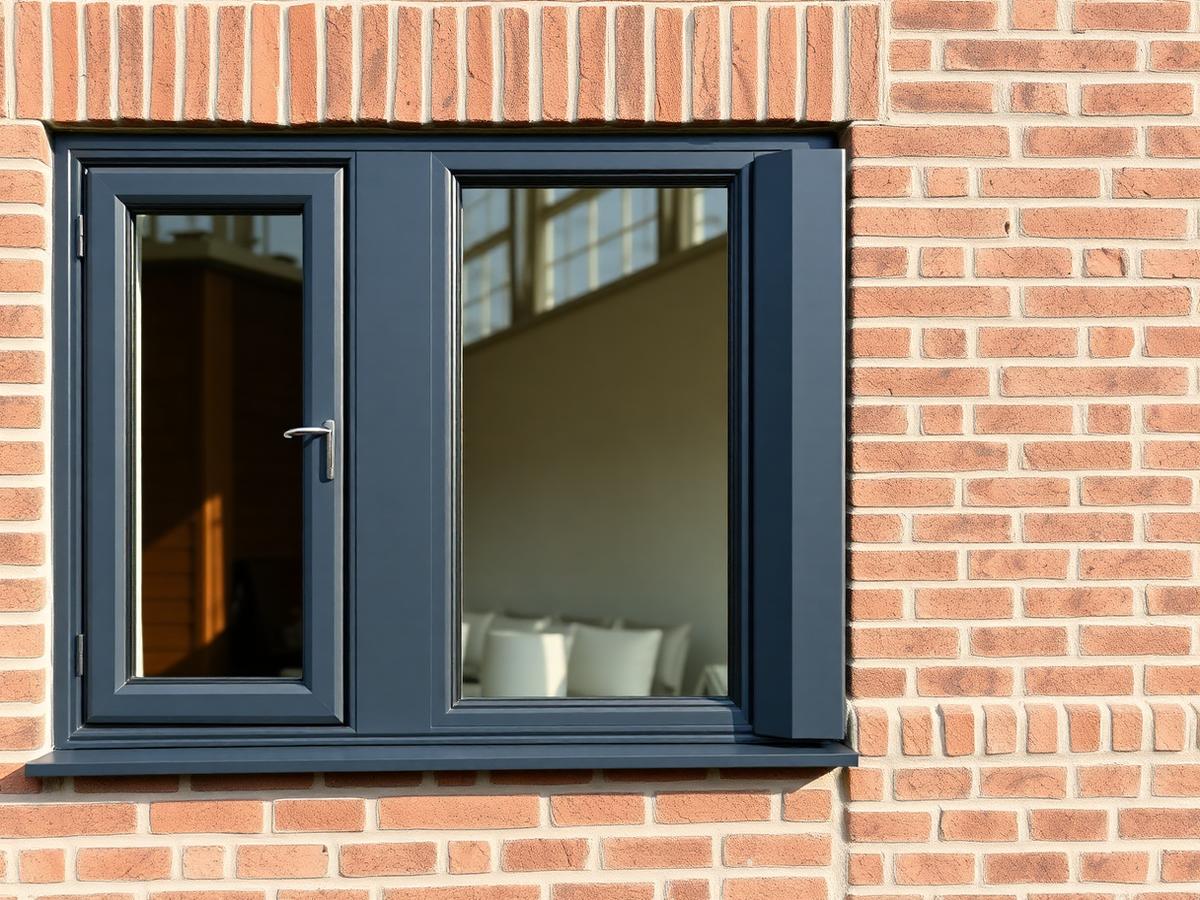 Nieuw antracietkleurig kozijn met isolerende beglazing in een bakstenen gevel