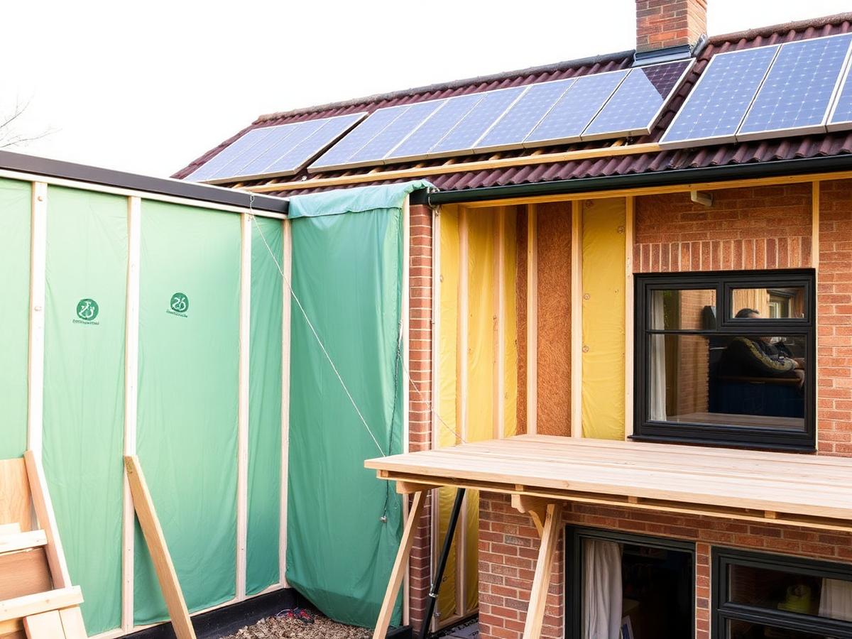Woning met gevelisolatie in uitvoering en zonnepanelen op het dak