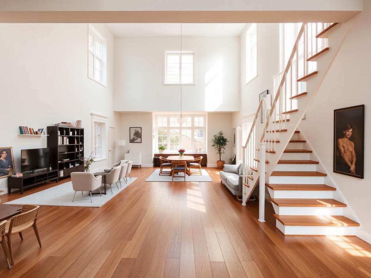 Gerenoveerd interieur met houten vloer, lichte wanden en nieuwe trap